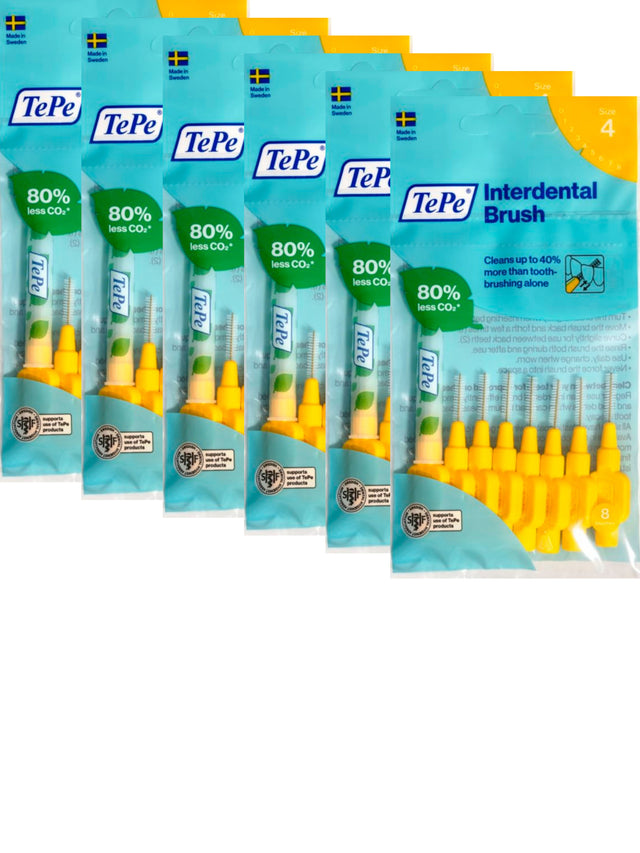 TePe Yellow Fine 0.70mm - 6 Packets of 8 - (48 Brushes) Bundle