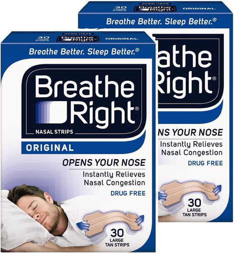 Breathe Right Snoring Congestion Relief Nasal Strips Large Original 30 Strips - 2 Packs