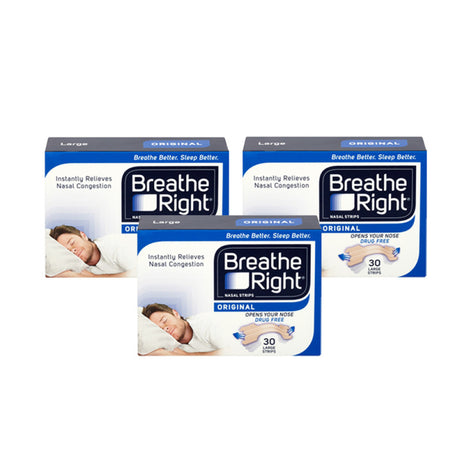 Breathe Right Snoring Congestion Relief Nasal Strips Large Original 30 Strips - 3 Packs