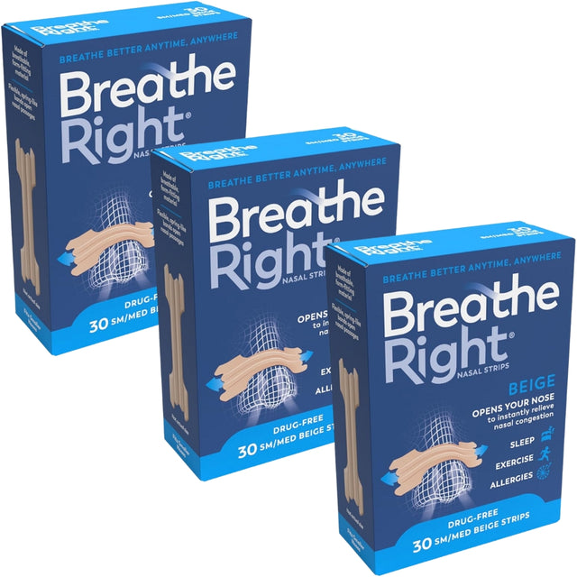 Breathe Right Snoring Congestion Relief Nasal Strips Small/Medium Original 30 Strips - 3 Packs