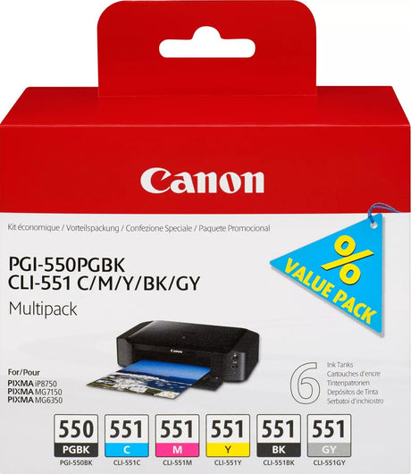 Canon PGI-550 Black and CLI-551 Black Cyan Magenta Yellow Grey Ink Cartridge Combo Pack - 6496B005