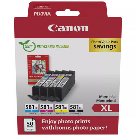 Canon CLI-581XL Black Cyan Magenta Yellow Ink Cartridge Photo Paper Value Combo Pack - 2052C006