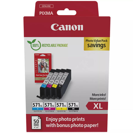 Canon CLI-571XL Black Cyan Magenta Yellow Ink Cartridge Photo Paper Value Combo Pack - 0332C006