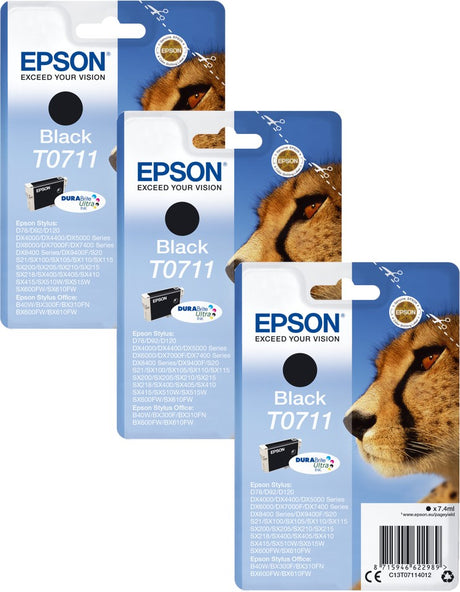 Epson T0711 Cheetah Black Ink Cartridge Triple Pack