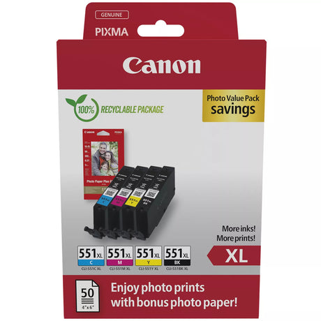 Canon CLI-551XL Black Cyan Magenta Yellow Ink Cartridge Photo Paper Value Combo Pack - 6443B008