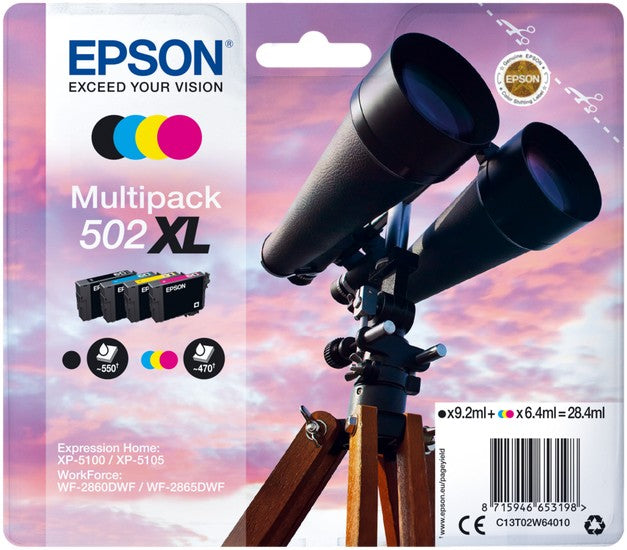 Epson 502XL Binoculars Black Cyan Magenta Yellow Ink Cartridge Combo Pack