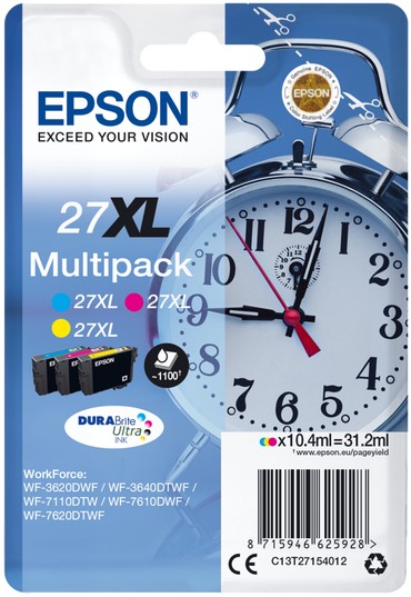 Epson 27XL Alarm Clock Cyan Magenta Yellow Ink Cartridge Combo Pack