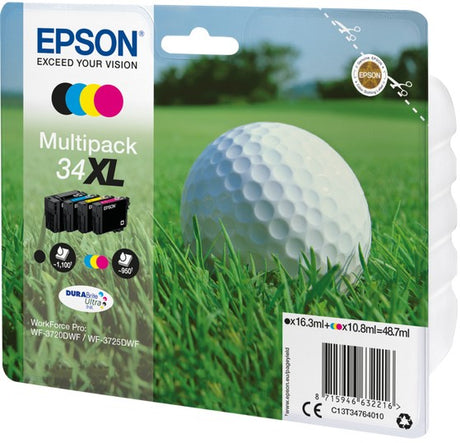 Epson 34XL Golf Ball Black Cyan Magenta Yellow Ink Cartridge Combo Pack