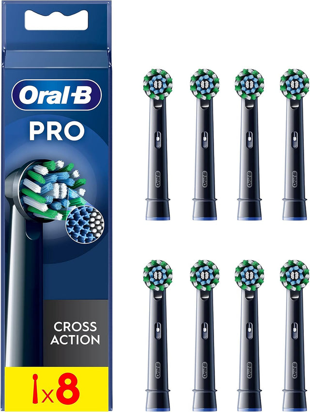 Oral-B Pro Cross Action Electric Toothbrush Head X-Shape And Angled Bristles for Deeper Plaque Removal Pack of 8 Toothbrush Heads Black