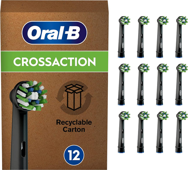 Oral-B Pro Cross Action Electric Toothbrush Head X-Shape And Angled Bristles for Deeper Plaque Removal Pack of 12 Toothbrush Heads Black