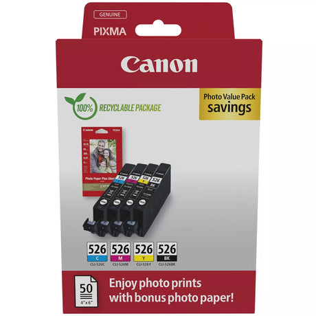 Canon CLI-526 Black Cyan Magenta Yellow Ink Cartridge Photo Paper Value Combo Pack - 4540B019