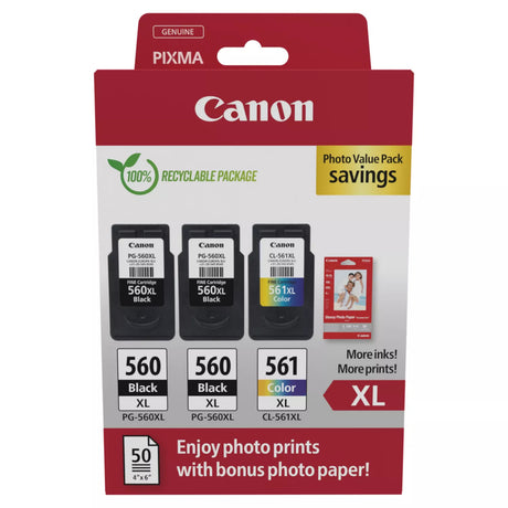 Canon PG-560XL Black Twin and CL-561XL Colour Ink Cartridge Photo Paper Value Combo Pack - 3712C012