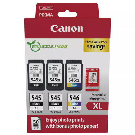 Canon PG-545XL Black Twin and CL-546XL Colour Ink Cartridge Photo Paper Value Combo Pack - 8286B015