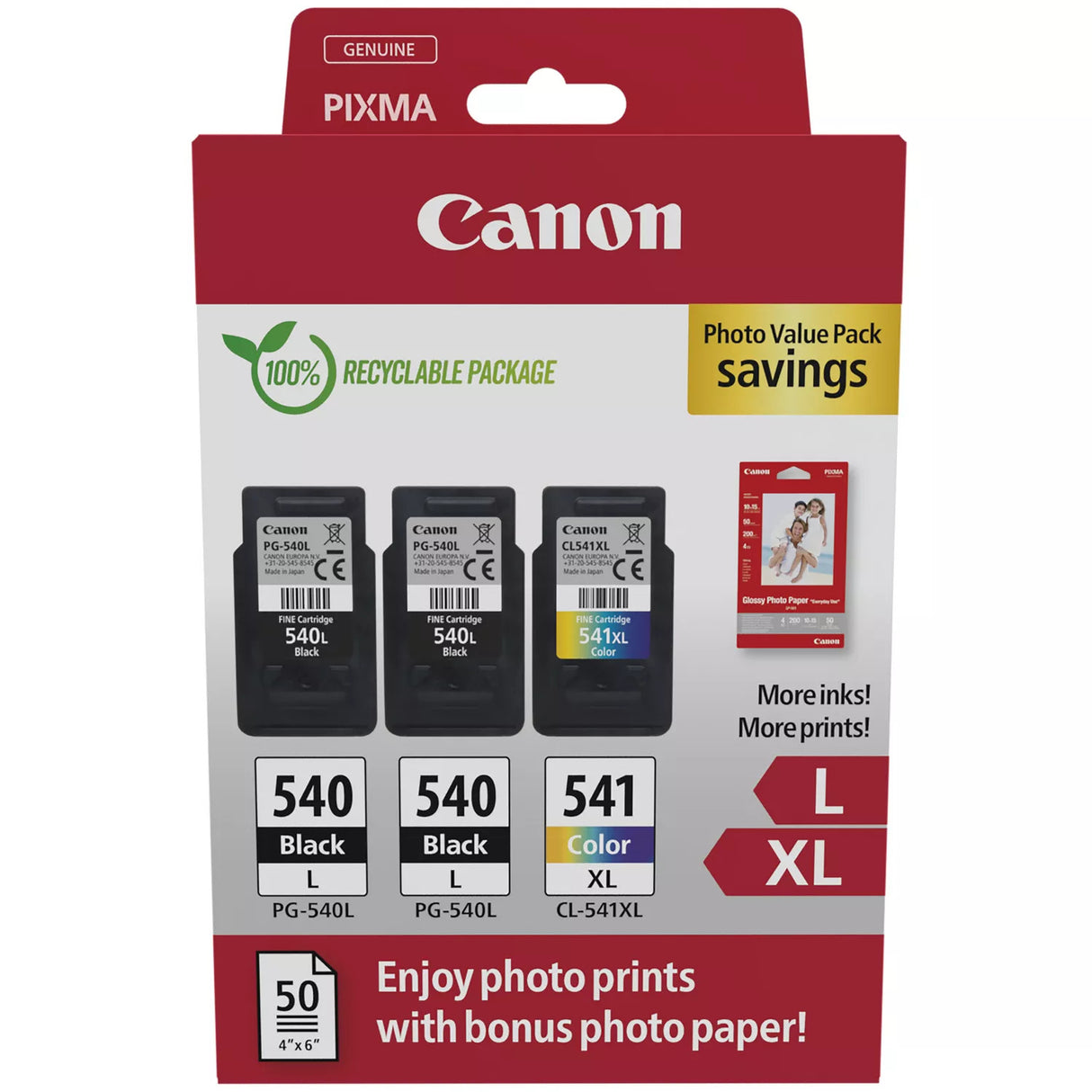 Canon PG-540L Black Twin and CL-541XL Colour Ink Cartridge Photo Paper Value Combo Pack - 5224B015