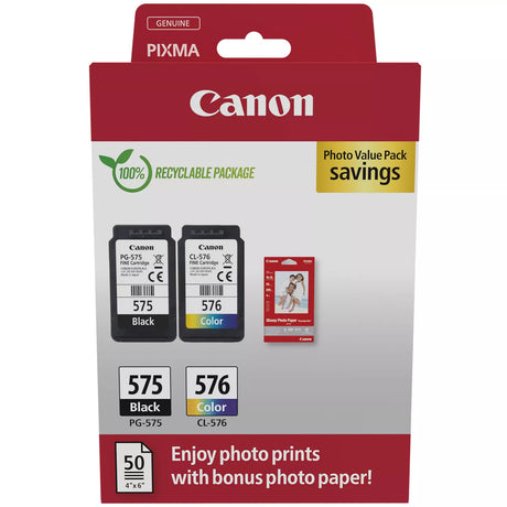 Canon PG-575 Black and CL-576 Colour Ink Cartridge Photo Paper Value Combo Pack - 5438C004