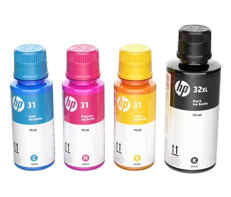 HP 32XL Black and 31 Cyan Magenta Yellow Ink Bottle Bundle Pack