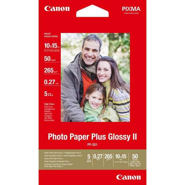 Canon PP-201 Plus II Photo Paper - Glossy - 265 g/m2 - 10 x 15 cm (4 x 6in) - 50 Sheets - 2311B003