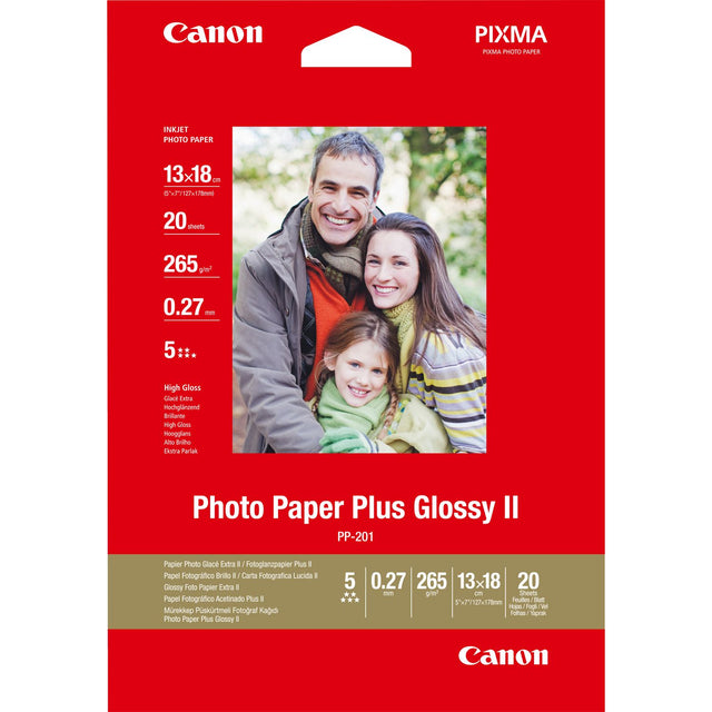 Canon PP-201 Plus II Photo Paper - Glossy - 265 g/m2 - 13 x 18 cm (5 x 7in) - 20 Sheets - 2311B018