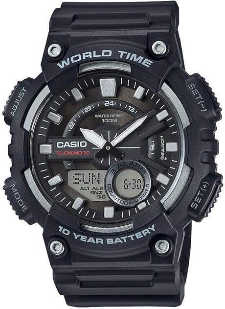 Casio Mens Watch with World Time Black Resin Strap - AEQ-110W-1AVEF