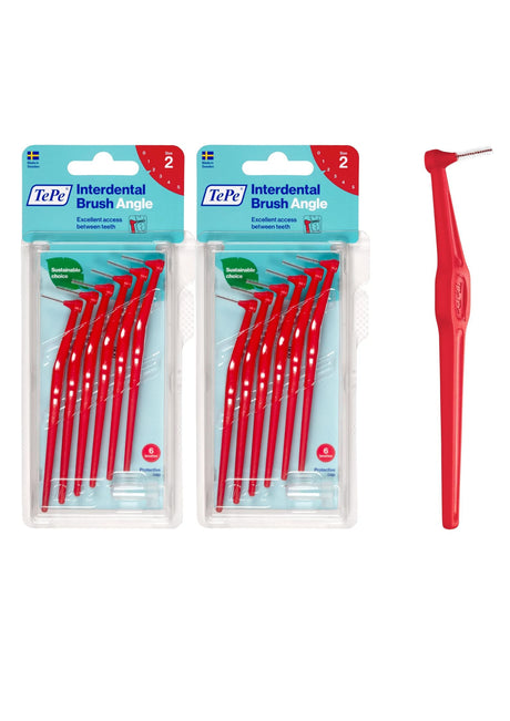 TePe Angle Interdental Brushes Red 0.5mm (Size 2) 6 Pack - 2 Pack Bundle (12 Brushes)