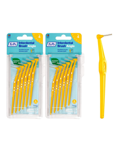 TePe Angle Interdental Brushes Yellow 0.7mm (Size 4) 6 Pack - 2 Pack Bundle (12 Brushes)