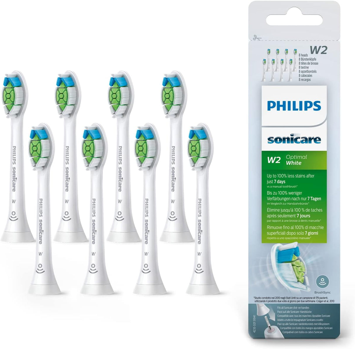 Philips Sonicare W2 Optimal White Standard Sonic Toothbrush Heads - 8 Pack in White (HX6068/12)