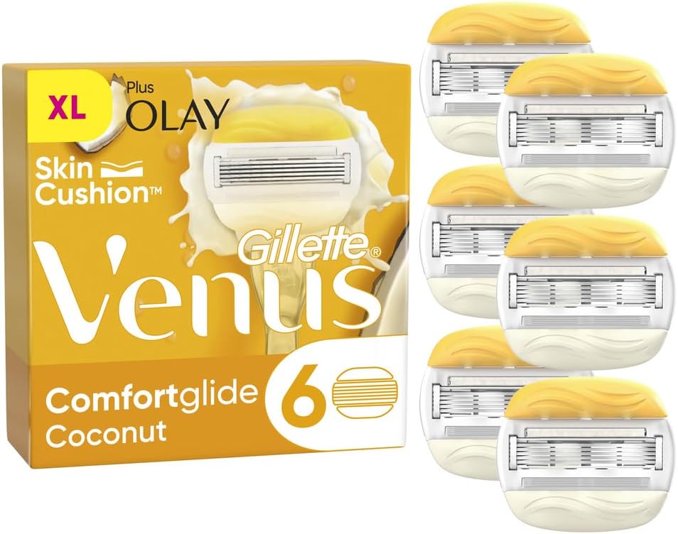 Gillette Venus ComfortGlide Coconut with Olay Razor Blades Women Pack of 6 2-In-1 Razor Blade Refills with Moisture Bars