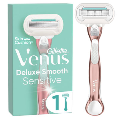 Gillette Venus Deluxe Smooth Sensitive Women's Razor + 1 Razor Blade Refill with Rose Gold Metal Handle Lubrastrip with A Touch of Aloe Vera