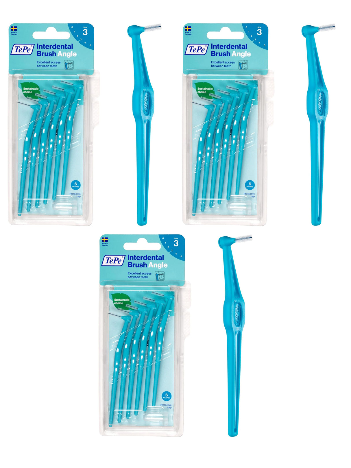 TePe Angle Interdental Brushes Blue 0.6mm (Size 3) 6 Pack - 3 Pack Bundle (18 brushes)
