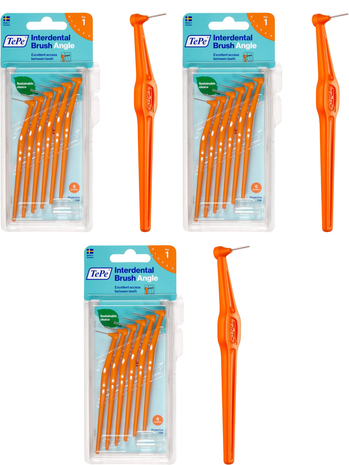 TePe Angle Interdental Brushes Orange 0.45mm (Size 1) 6 Pack - 3 Pack Bundle (18 Brushes)