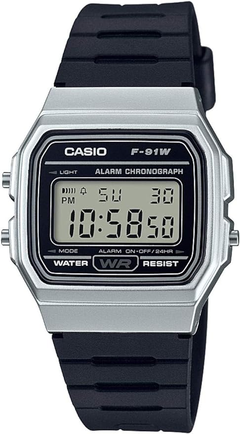 Casio Casual Digital Watch with Black Rubber Strap & Silver Plated Case - F-91WM-7AEF