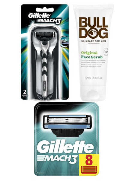 Gillette Mach 3 Mens Shaving Bundle - Mach3 Razor Handle, 8pk Blades and Bulldog Face Scrub 100ml