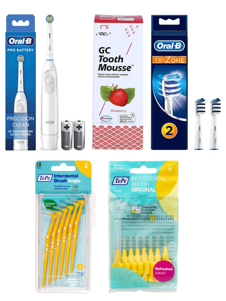 Dental Care Package - Oral B Toothbrush & Heads, TePe Interdental Brushes and GC Tooth Mousse, Strawberry.