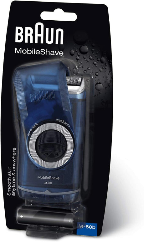 Braun PocketGo Mobile Shave Electric Travel Shaver M60, With Travel Lock - Blue
