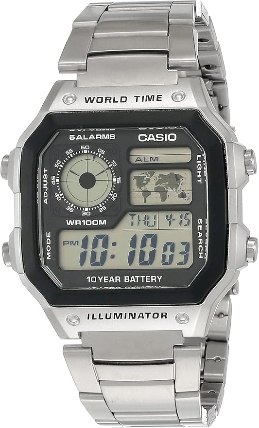 Casio World Time LCD Watch Stainless Steel Bracelet - AE-1200WHD-1AVEF