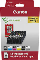 Canon PGI-530 Black and CLI-531 Black Cyan Magenta Yellow Grey Ink Cartridge Photo Paper Value Combo Pack - 6117C004