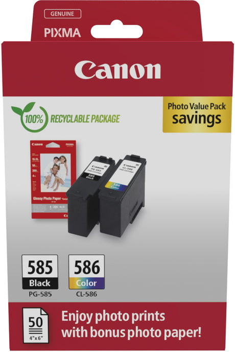 Canon PG-585 Black and CL-586 Colour Ink Cartridge Photo Paper Value Combo Pack - 6205C004