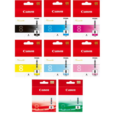 Canon CLI-8 Black Cyan Magenta Yellow Photo Cyan Photo Magenta Red Green Ink Cartridge Bundle Pack