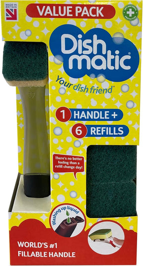 Dishmatic Value Pack – 1x Refillable Washing-Up Liquid Dispensing Handle & 6 x Sponge Heads
