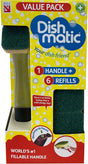 Dishmatic Value Pack – 1x Refillable Washing-Up Liquid Dispensing Handle & 6 x Sponge Heads