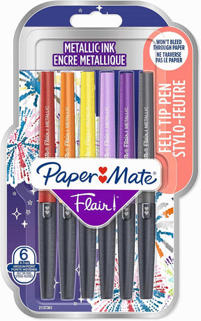 Paper Mate Metallic Felt Tip Pens, 0.7mm Medium Tip, Assorted Colours, Pack of 6 (21373619)