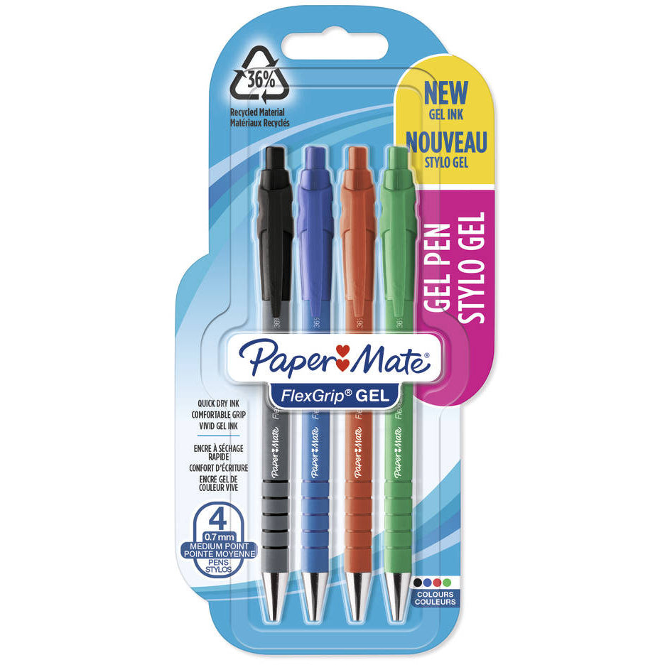 Paper Mate FlexGrip Gel Rollerball Pens, 0.7mm Tip, Assorted Colours, Pack of 4 (21082160)