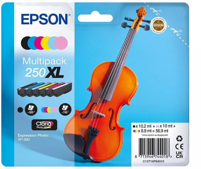 Epson 250XL Violin Black Cyan Magenta Yellow Light Cyan Light Magenta Ink Cartridge Combo Pack