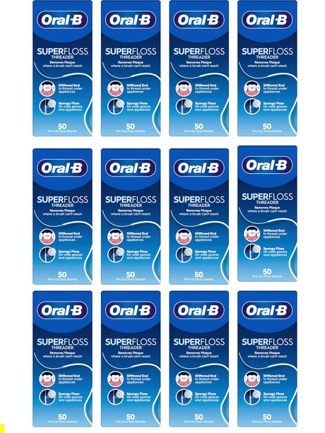 Oral-B Superfloss Threader - 50 Pre-Cut Strands, Unflavoured - 12 Pack Bundle