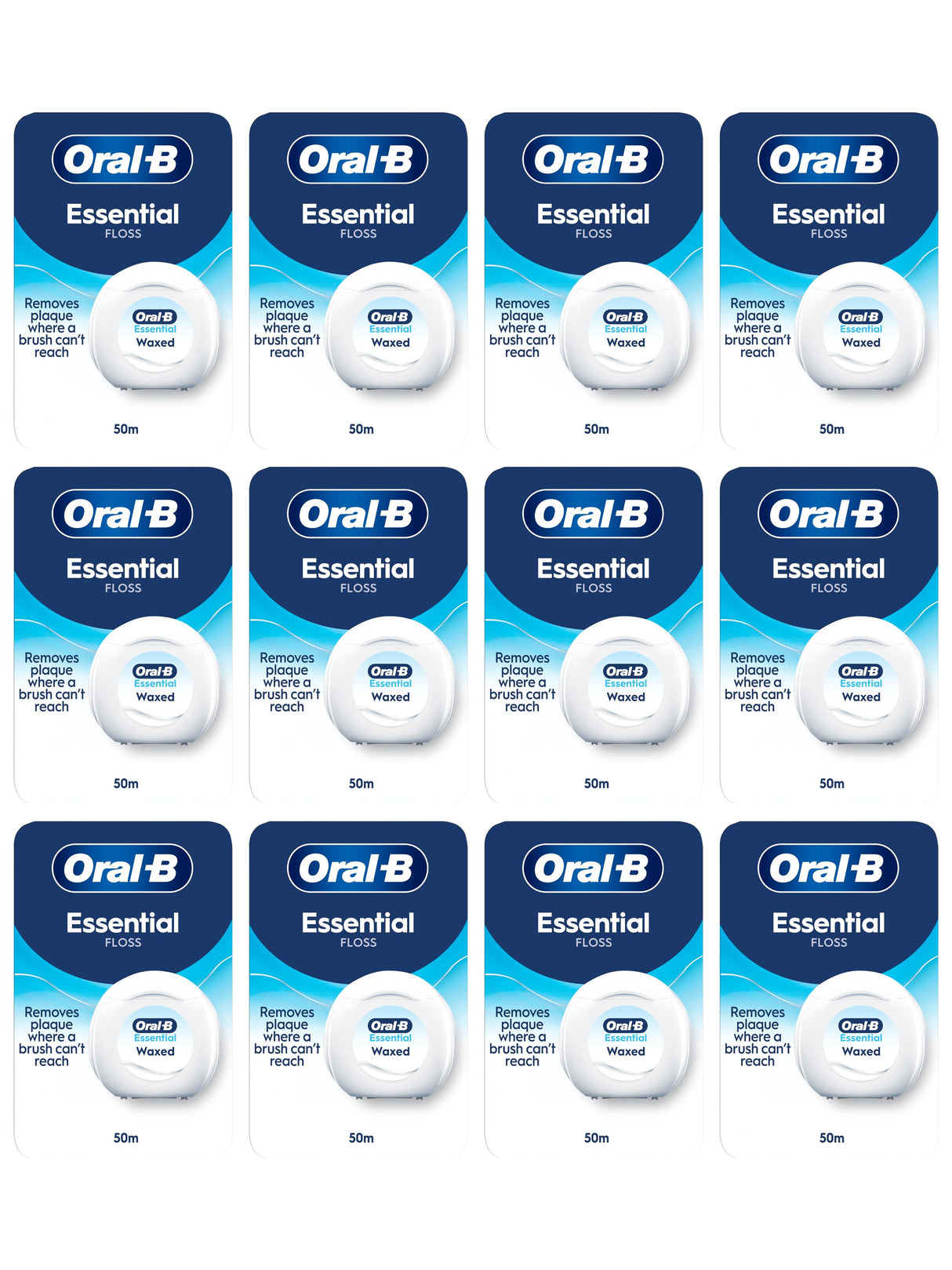 Oral-B Essential Floss Waxed, 50m - Unflavoured - 12 Pack Bundle