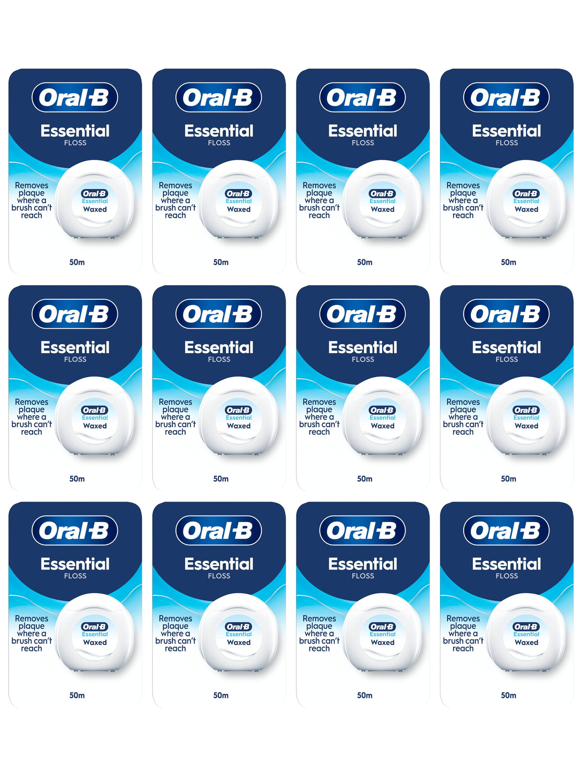 Oral-B Essential Floss Waxed, 50m - Unflavoured - 12 Pack Bundle