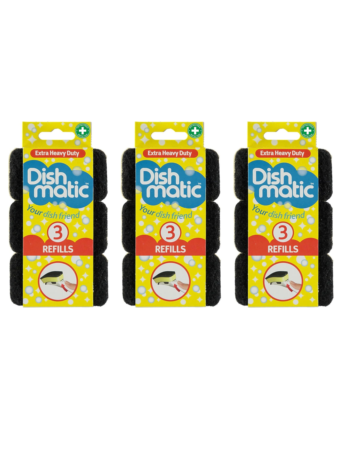 Dishmatic Black Extra Heavy-Duty Washing-Up Sponge Refill Heads 3pk - 3 Pack Bundle