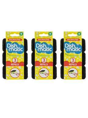 Dishmatic Black Extra Heavy-Duty Washing-Up Sponge Refill Heads 3pk - 3 Pack Bundle