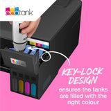 Epson ink bottle filling an EcoTank printer – key-lock design ensures each tank gets the right colour