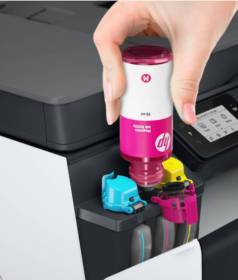 hp printer being refilled using an eco friendly ink bottle from hp